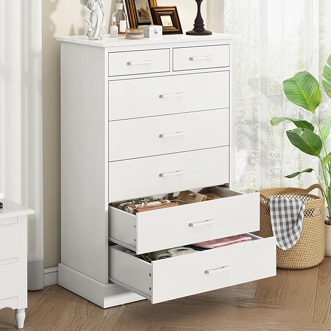 EPHEX White Tall Dresser with 7 Drawers for Bedroom, Storage Tower Clothes Organizer, Modern Chest of Drawers with Sturdy Pedestal, 27.6'' W x 15.8'' D x 44.1'' H