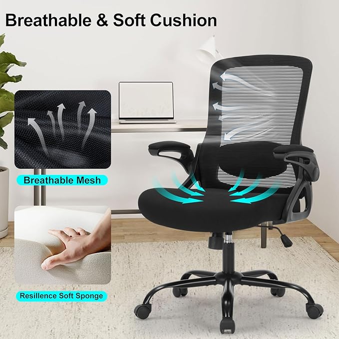 Office Chair, Ergonomic Desk Chair with Adjustable Height, Lumbar Support, High Back Mesh Support with Flip up Armrests, Task Chairs for Home Office Computer (Black-23-1)
