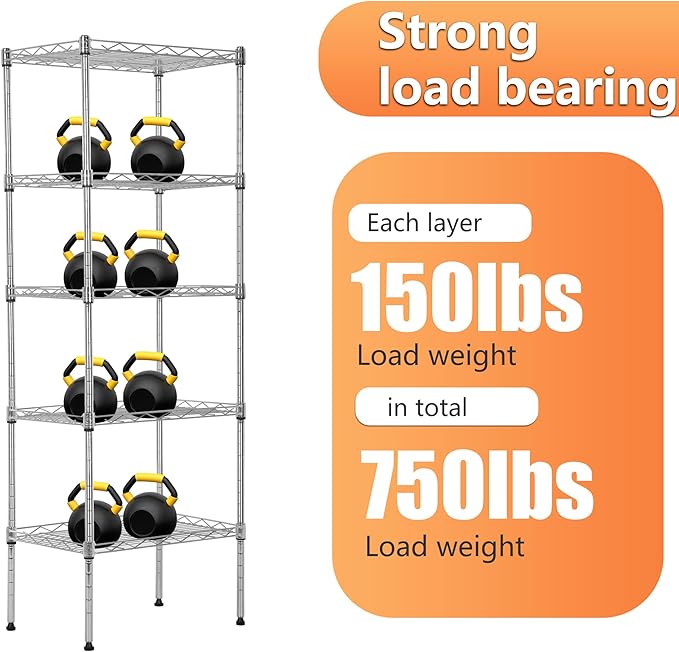 BestOffice 5 Tier Garage Shelving Heavy Duty Metal Shelves 17”D x 12”W x 48”H Easy Assemble Storage Shelves NSF Certified Wire Shelving with Leveling Feet for Garage Home Office, Chrome