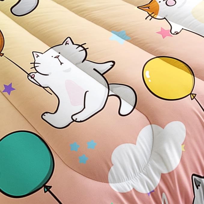 Kids Comforter Set Cute Cats Printed Pattern Bedding Set with 1 Comforter and 2 Pillowcases for Girls Boys Bedroom All Season(Cat1 Full)
