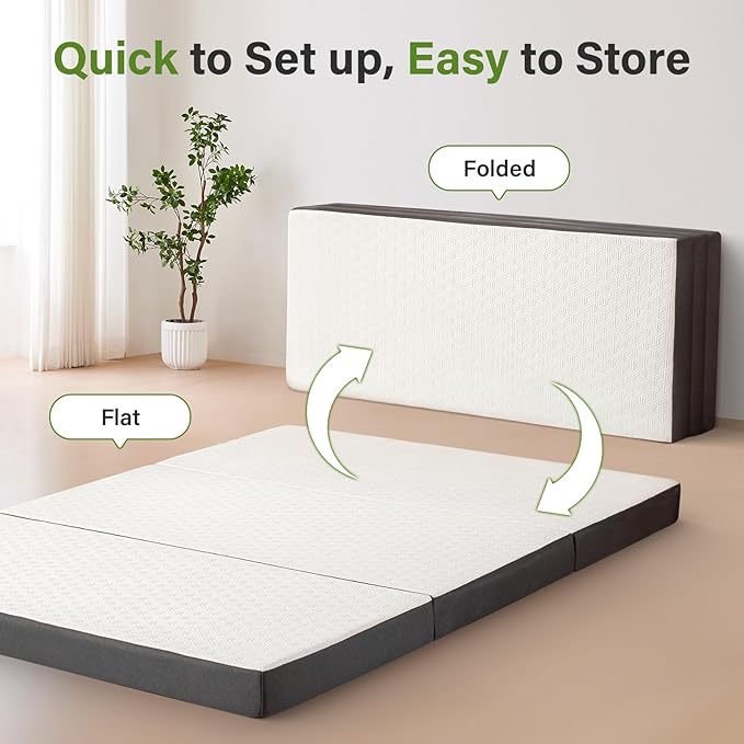Folding Mattress 4in Single Memory Foam Tri-Folding Mattress with Washable Cover Foldable Floor Mat for Guest Bed, Camping, Yoga, RV Travel, White, (Size: 25" L x 75" W x 4" Th)