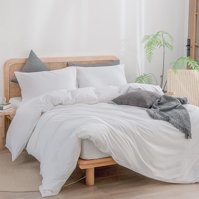 BESTOUCH Duvet Cover Set 100% Washed Cotton Linen Feel Super Soft Comfortable Chic Lightweight 3 PCs Home Bedding Set Solid Bright White Super King
