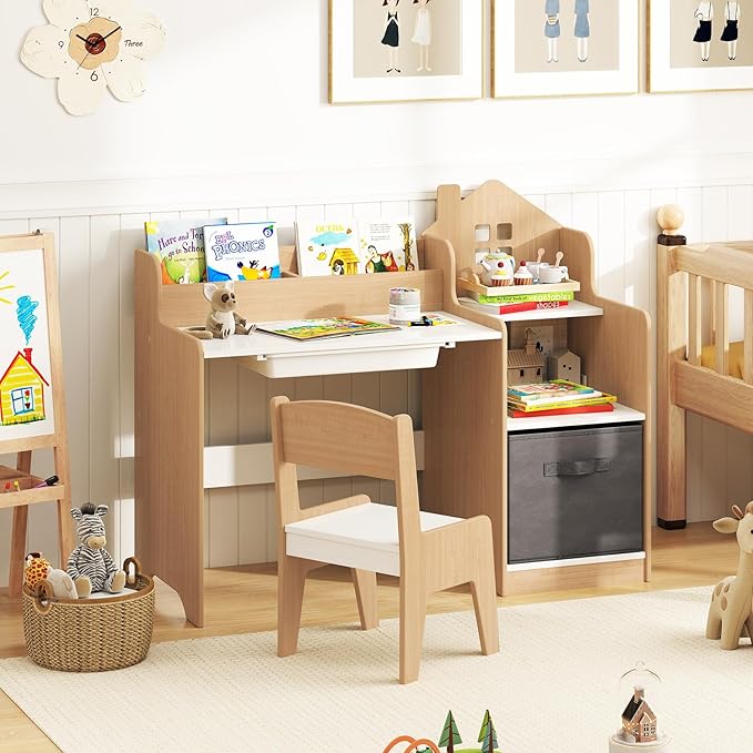Costzon Kids Desk and Chair Set, Wooden Children Multi-Activity Table with Hutch, Bookshelf, Drawer & Fabric Storage Bin, Kids Table and Chair Set for Drawing, Writing, Crafts