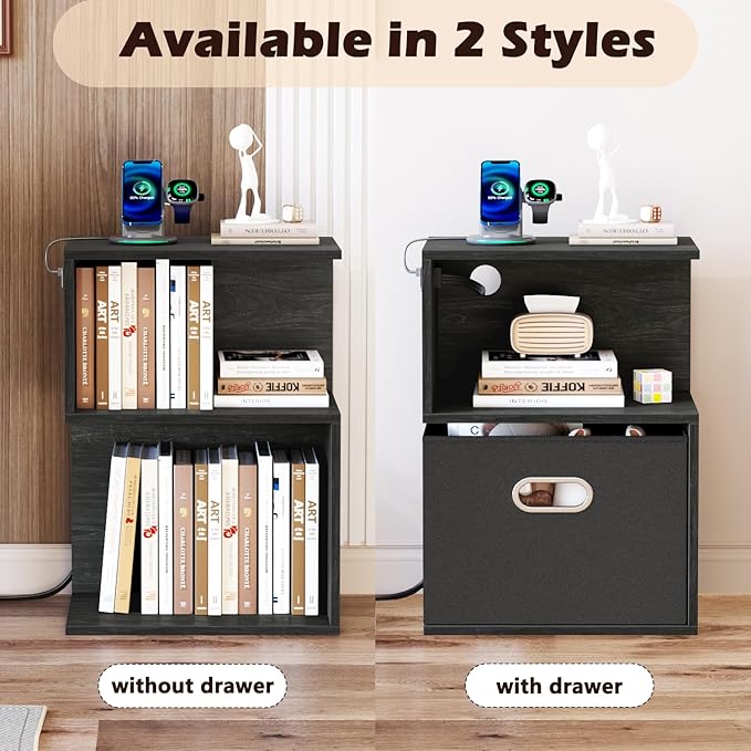 Furologee S Nightstand with Charging Station, 3 Tier Open End Table with Drawer, Wood Bedside Table with Storage for Living Room/Bedroom/Small Space, Black Oak