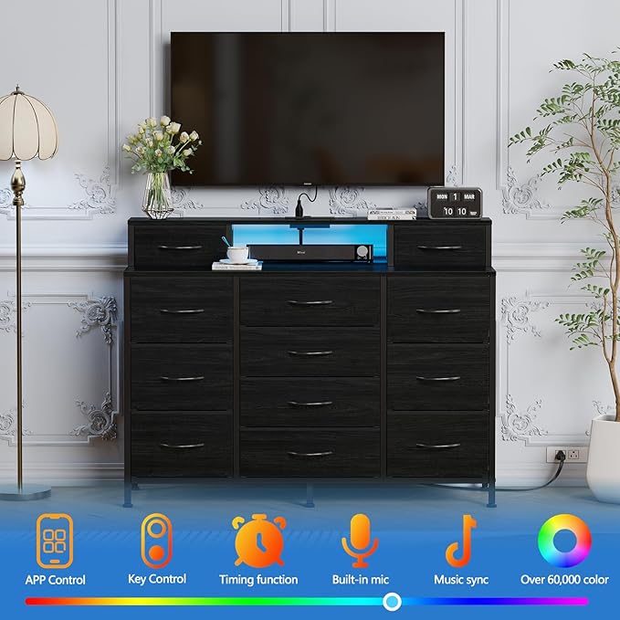 Furnulem Black Dresser for Bedroom with LED Lights & Charging Station,47"W Dressers in Closet,Long Chest with 12 Storage Drawers,TV Stand Fabric Furniture for Hallway,2-Tier Shelf Wood Top,Metal Frame