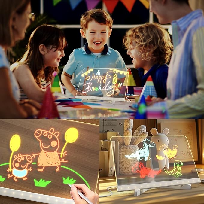 Led Note Board,Doodle Glow,Led Drawing Board for Kids,Acrylic Dry Erase Board with Light and 7 Colors Pens,LED Note Board with Colors for Office School Home (5.9x5.9 inches)