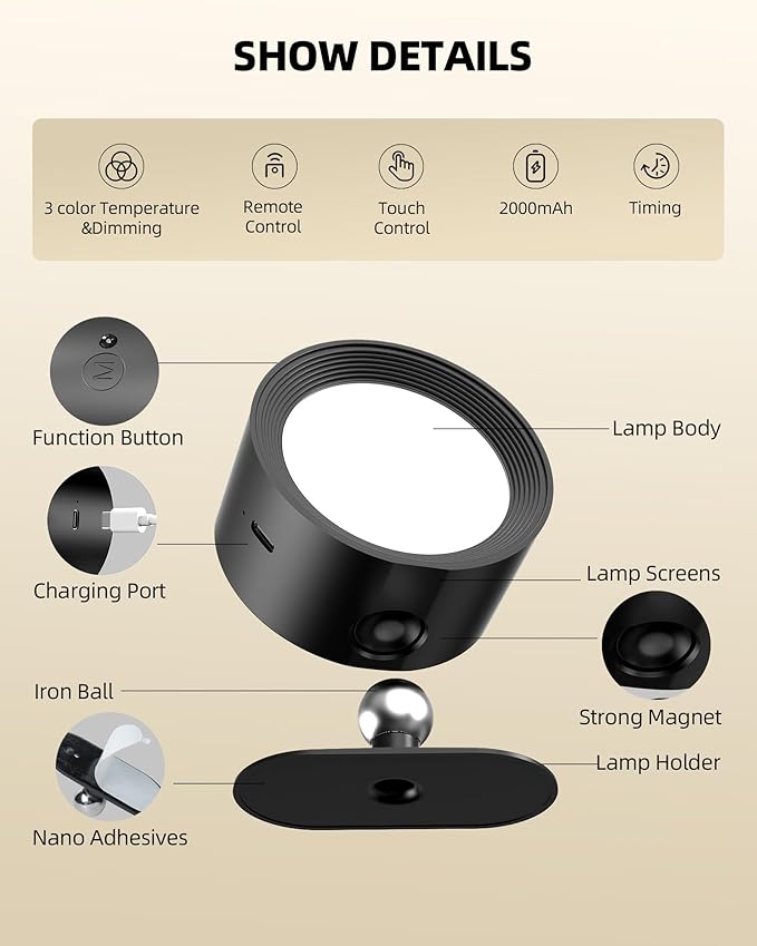 LED Wall Mounted Lights, Rechargeable Wall Sconces with Remote & Touch Control, 3 Color Temperatures 360° Rotation Dimmable Cordless Wall Light for Bedroom Study Reading Bedside (Black, 3 Pack)
