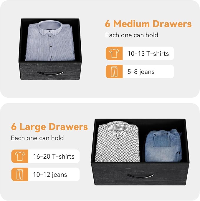 Dresser for Bedroom with 12 Drawers, Tall Dresser Chest of Drawers with 5 Side Pockets and Hooks, Wooden Top Fabric Dresser Storage Tower for Closet, Hallway, Living Room, Black