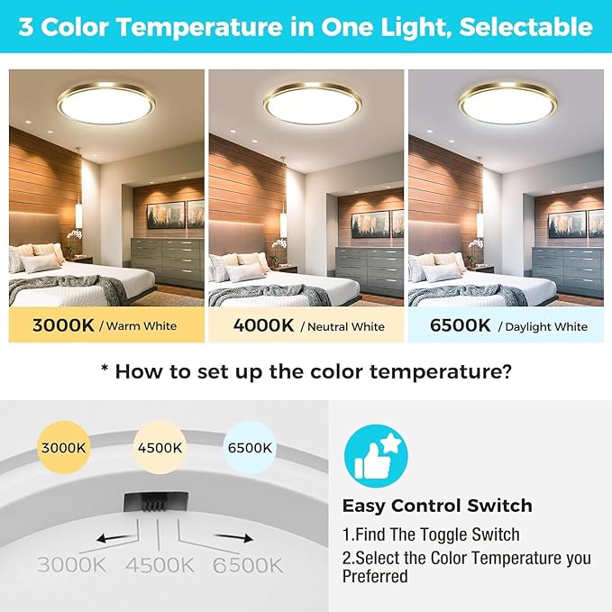 zemty 6Pack LED Ceiling Light Fixture, 6.5-Inch 12W 1200lm Small Flush Mount Light, Adjustable 3000K 4000K 6500K Color Temperatures, Round Flat Recessed Lamp for Kitchen Closet Hallway Laundry, Gold