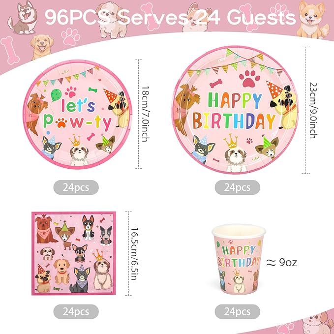 96pcs Kids Birthday Party Disposable Tableware Set Pink Pet Dog Pattern for 24 Guests Party Supplies Round Plates（Include Plates, Cups and Napkins）