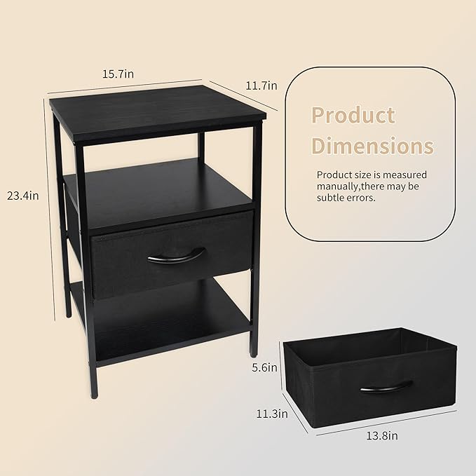 Black Nightstand with Fabric Drawer and Wood Shelf, Waterproof Surface Bedside Table, Eco-Friendly Small Side Table for Bedroom, Dorm, Living Room