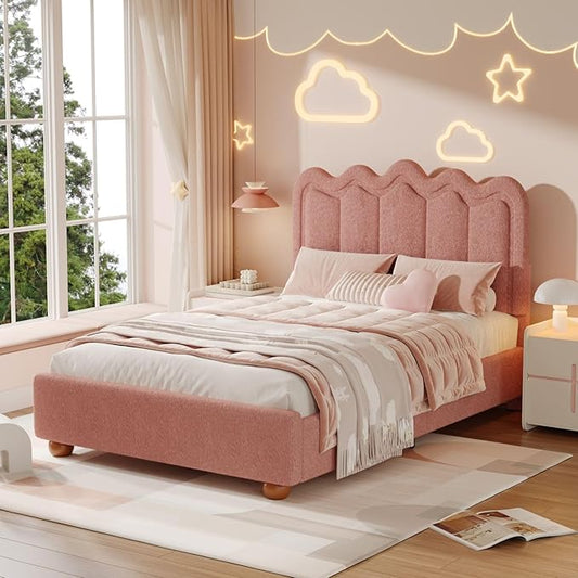 Full Size Bed Frame with Headboard, Boucle Bed Frame, Soft Upholstered Platform Cloud Bedframe with Footboard, Solid Wood Legs, Solid Wooden Slats Support, No Box Spring Required, Easy Assembly, Grey