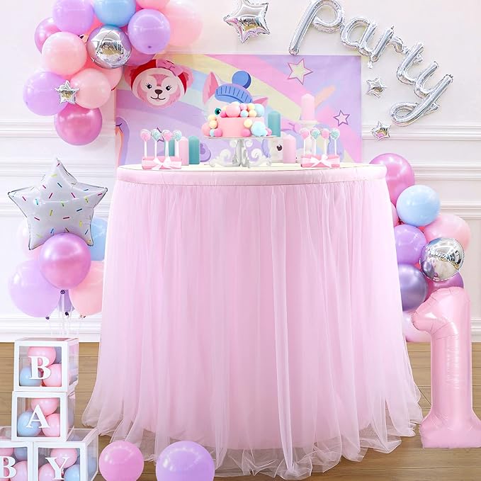 Suppromo 2 Pack 6ft Pink Tulle Table Skirts for Rectangle Tables or Round Tables Pink Tutu Tablecloth Cover for Princess Baby Shower Girls Birthday Party Wedding Cake Dessert Table Decorations