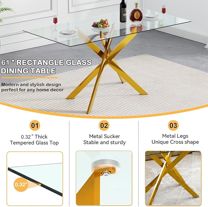 Goujxcy Glass Dining Table Set for 4, Modern Kitchen Table and Chairs Set of 4, 5-Piece Kitchen Dining Room Table Set w/61 Glass Gold Dining Table and 4 Yellow Velvet Upholstered Chairs