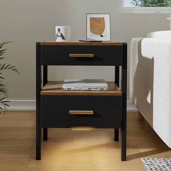 Nightstand with 2 Drawers and Open Shelf Wood Bedside Table Gold Handles Storage Night Stand with Light for Bedroom, Black and Brown