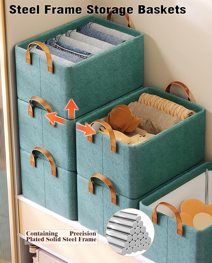 AARAINBOW 4 Pcs Closet Clothes Organizer with Handle, Fabric storage Box with Steel Frame Stackable Shelf Storage Baskets Foldable Storage Baskets for Organizing clothes Toys, 23L (4 Green)
