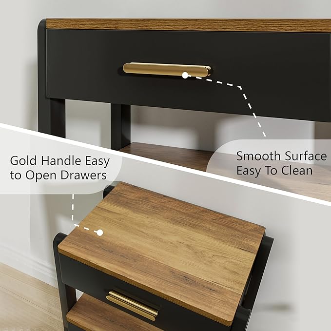 Nightstand with 2 Drawers and Open Shelf Wood Bedside Table Gold Handles Storage Night Stand with Light for Bedroom, Black and Brown