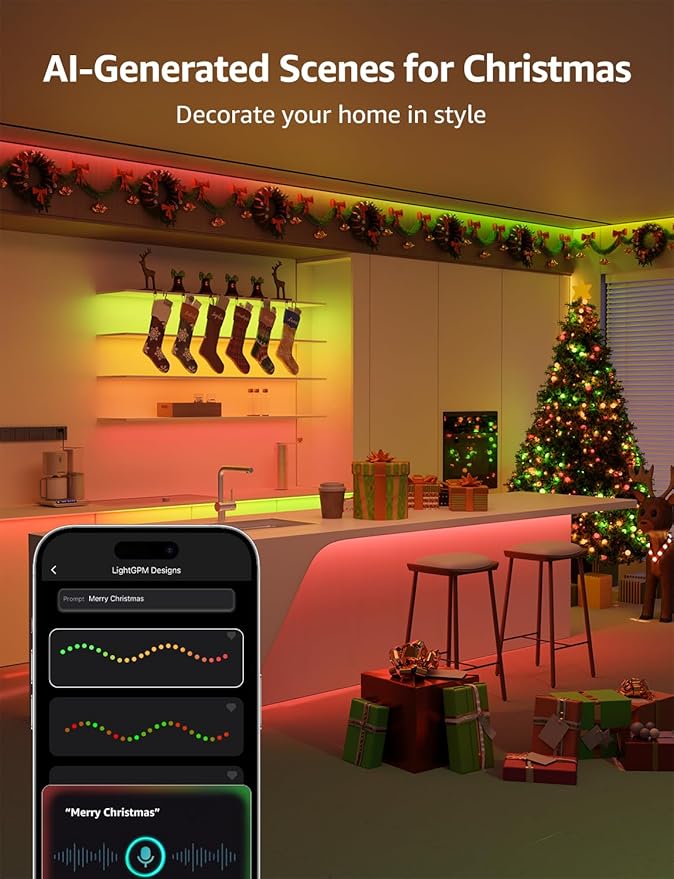 Lepro S1 AI LED Strip Lights for Christmas Decorations, 50ft Smart RGB Light Strips with IC and Rainbow Chasing Effects, Personalized Al Lighting Designer, No Remote, 2.4GHz Wi-Fi & Bluetooth