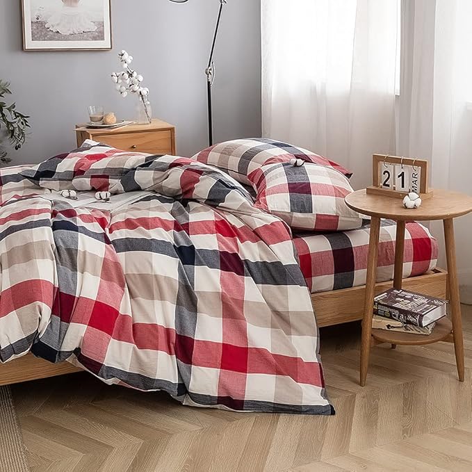 FACE TWO FACE Bedding Duvet Cover Set 3 Pieces 100% Washed Cotton Duvet Cover Linen Like Textured Breathable Durable Soft Comfy(King, Blue red Grid)