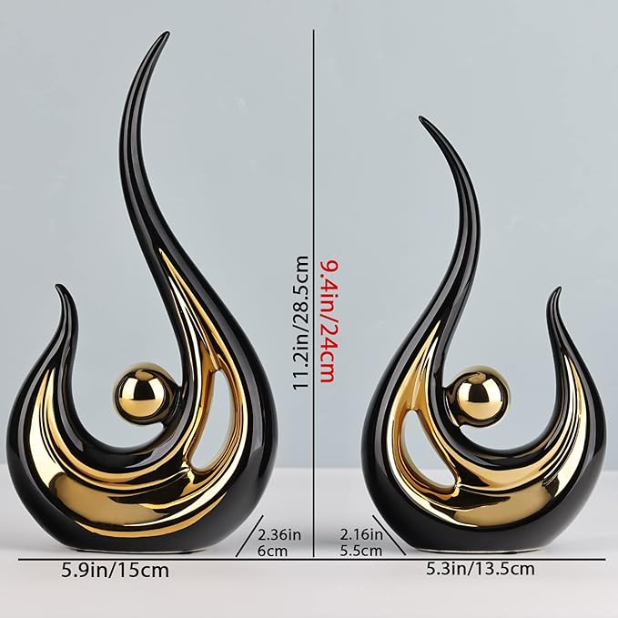 Black and Gold Home Decor, Abstract Ceramic Statue 2 Piece Set for Living Room Coffee Table Decor, Home Office, Room Decor, Table Decor