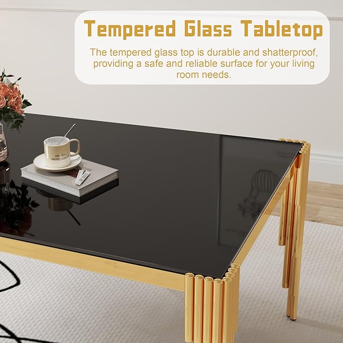 7 Piece Glass Dining Table Set, 78" Large Rectangle Tempered Glass Kitchen Table with 6 Black Velvet Upholstered Chairs, Dining Chairs Set of 6 for Kitchen, Living Room (Black, Gold)