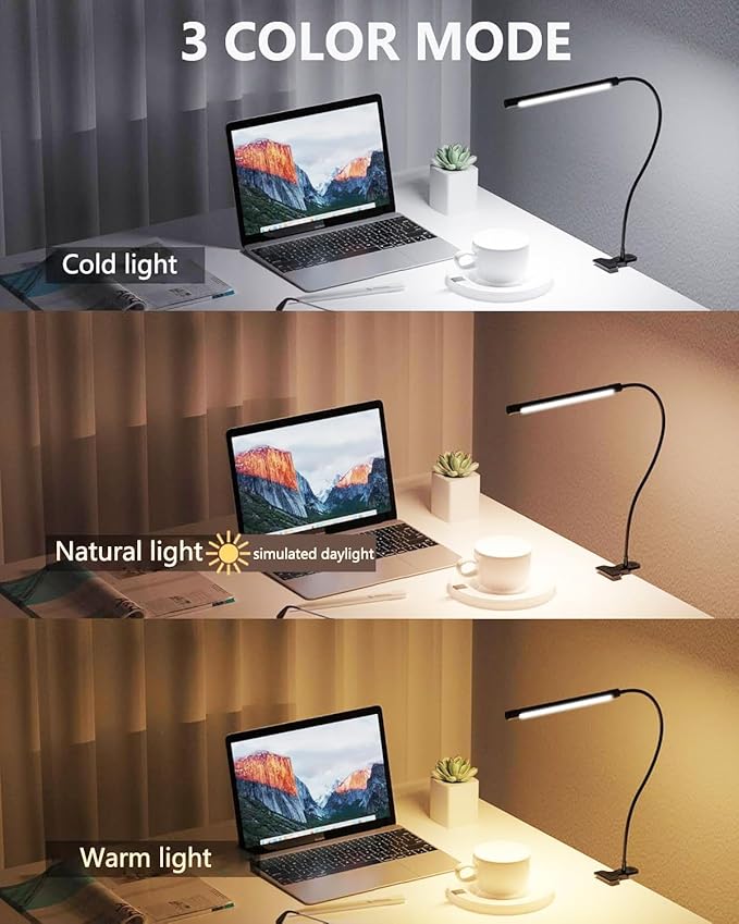JHD LED Desk Lamp with Clamp - Adjustable 3 Color Modes 10 Brightness Level Table Lamp, USB Eye Caring Flexible Gooseneck Desk Light for Home Office, Dorm Room, Reading, Nail, Clip On Light, Black