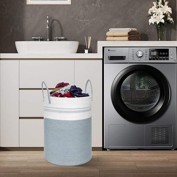 58L Tall Laundry Basket, Cotton Rope Laundry Hamper, Laundry Hamper with Handles, Decorative Woven Basket for Dirty Clothes, Blankets, Pillows in Bathroom, Bedroom (Gray, 15 x 20in)