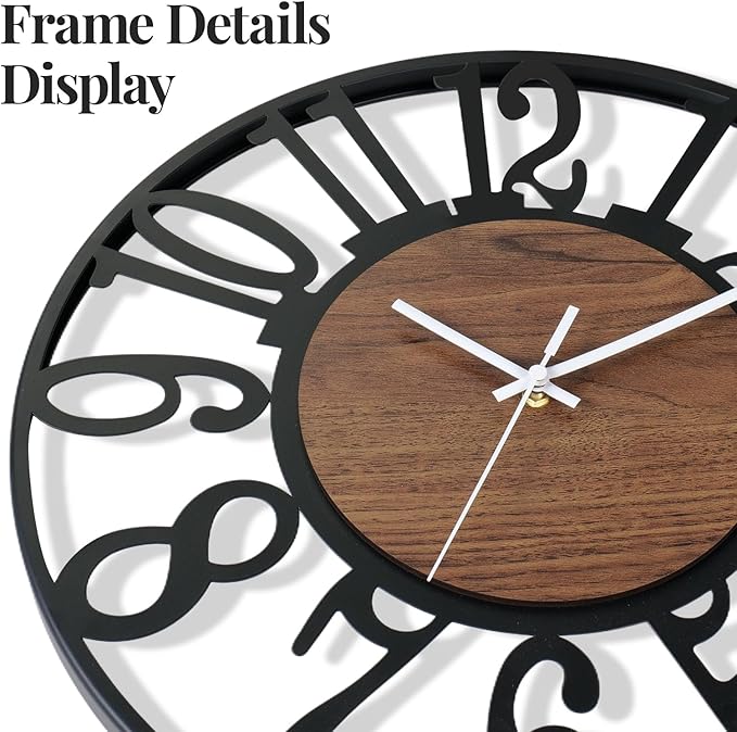 24 inch Large Wall Clock for Living Room Decor, Decorative Wood Metal Wall Clock Battery Operated Silent Non Ticking, Modern Black Round Big Clocks for Bedroom, Kitchen, Office Decor-Arabic Numerals