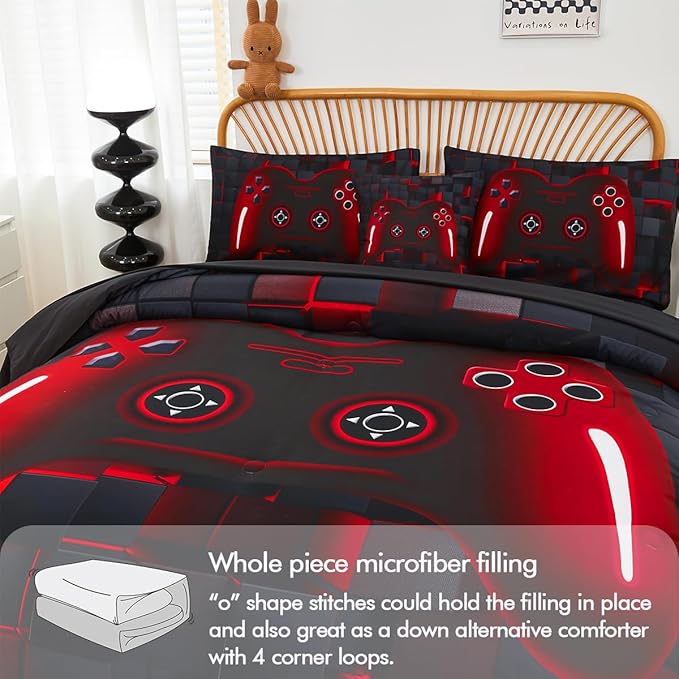 PERFEMET Boys Bedding Set Twin Size 6-Piece Game Console Comforter Set for Kids Teen 3D Black and Red Gamepad Gaming Bed in a Bag Matching Sheet Set(Red, Twin)