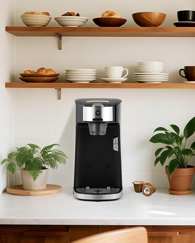Compatible Coffee Maker with Hot and Cold Brewing, 120V 1300W Single Serve Machine with Scoop Filter for Ground Coffee and Tea, Black