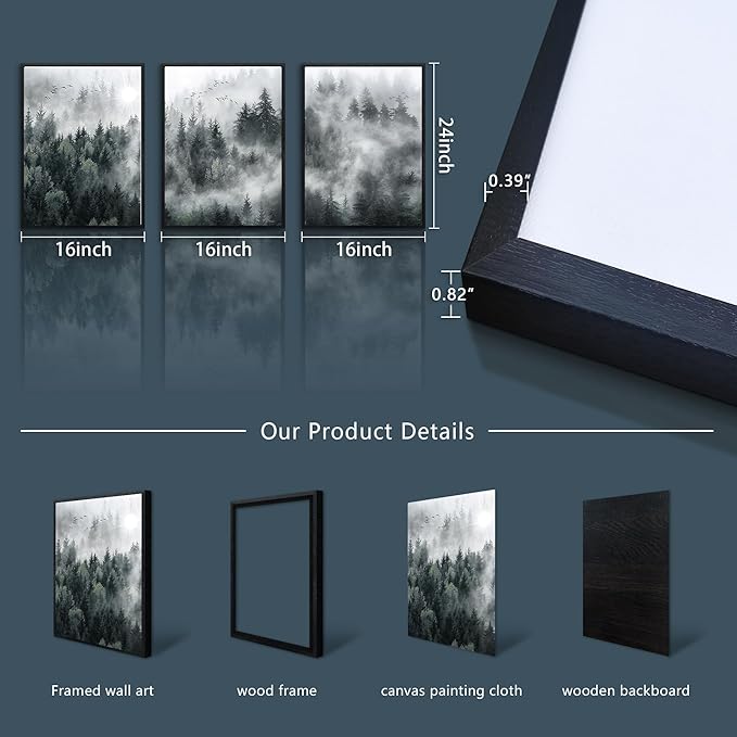 Canvas Wall Art for Living Room and Bedroom - Modern Foggy Forest Trees Landscape Painting - Office and Home Decor - Ready to Hang Black Framed Pictures