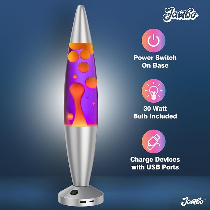 JAMBO 16" Beautiful Liquid Motion Lamp with USB -Purple with Yellow/Orange Wax for Adults, Teens and Kids, Magma Lamp, Home Decor Living Room Office Bedroom, Relaxing Night Light Nightlight