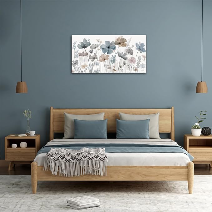 Elegant Flowers Canvas Wall Art - Floral Pictures for Wall Decor Indigo Brown Grey Canvas Painting Nature Printing Artwork for Living Room Bedroom Home Office Wall Decoration 20" x 40"