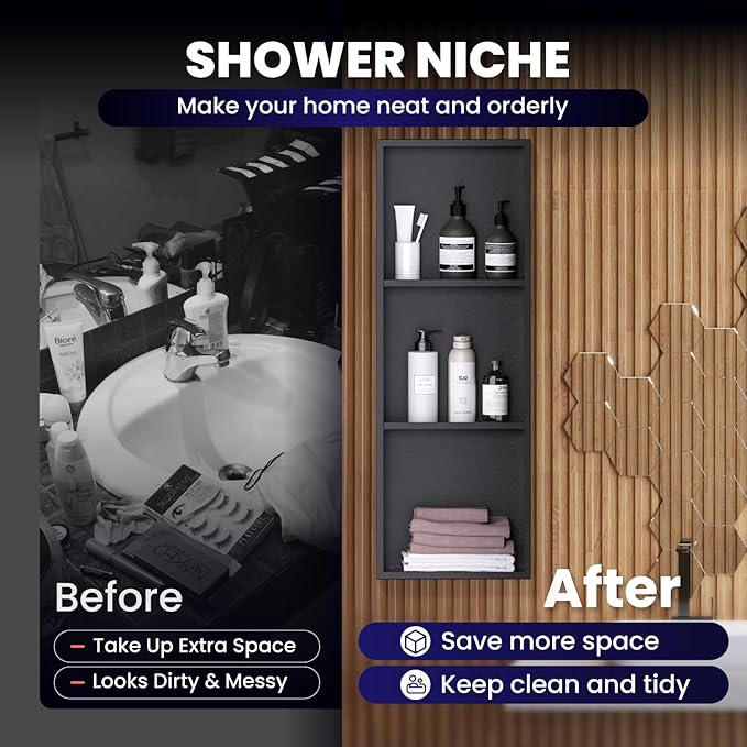Stainless Steel Shower Niche 12" x 36", 3-Tier Shower Niches No Tile Needed, Recessed Niche for Shower Wall, Shower Niche Shelf for Bathroom Storage, Matte Black