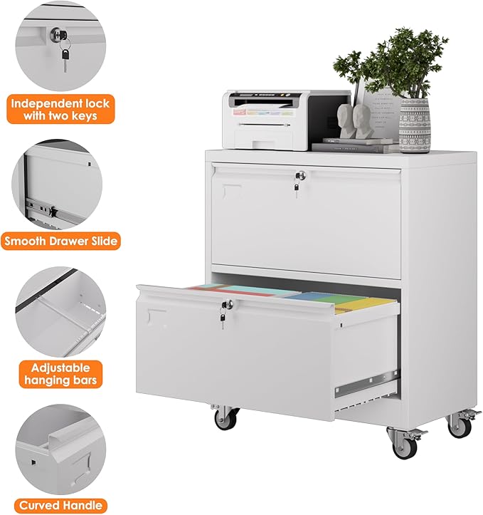 Aobabo Metal 2 Drawer Lateral File Mobile Cabinet with 2 Lock, File Cabinet with Wheels and Adjustable File Bars for Office,Home, for Letter/Legal Size,White, Assembly Required