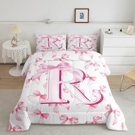 jejeloiu Kids Girls Cute Pink Bow Comforter Set Toddler Size Monogrammed Bedding Set Ultra Soft Personalized Initial R Duvet Quilt Coquette Bow Knot Quilt Set Room Decor Modern Fashion Comforter