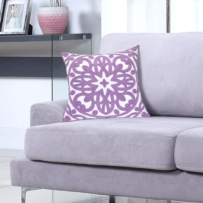 Alysheer Embroidered Decorative Throw Pillow Cover 18"x 18", Boho Mandala Modern Thick Embroidery Pattern Durable Cotton Canvas Soft Cushion Case for Sofa Couch Bed Living Room (Lilac Lavender)
