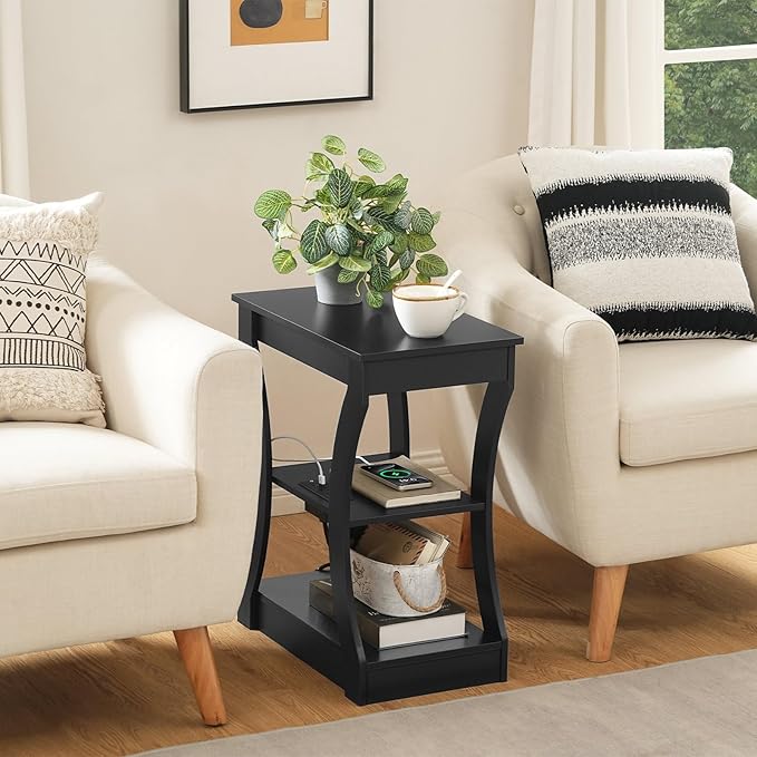 End Table with Charging Station, Side Table with USB Ports and Outlets, 3 Tier Nightstand with Storage Shelf for Small Spaces, Living Room, Bedroom, Black ETBK53E01