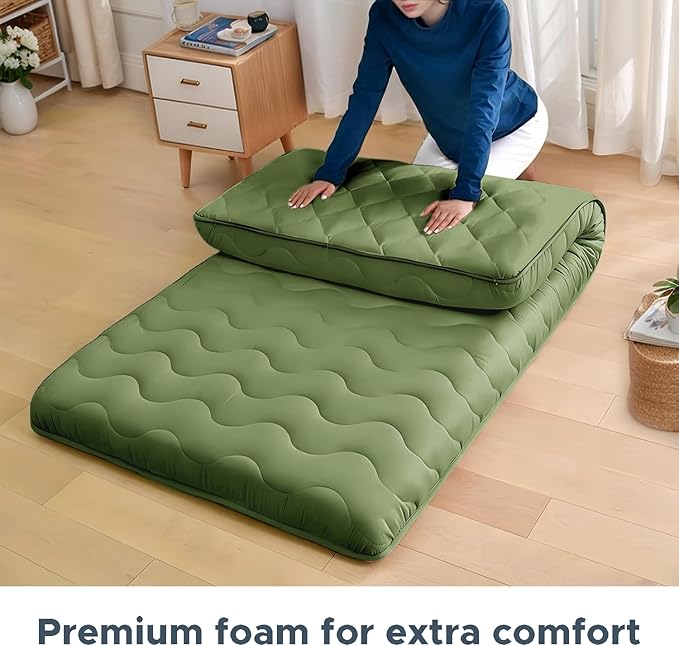 Japanese Floor Mattress, 100% High Density Comfortable Foam, 4" Thicken Foldable Mattress Tatami Mat Sleeping Pad, Ideal for Comfort and Support, Kids Floor Lounger Pillow Bed Sofa, Green, Queen