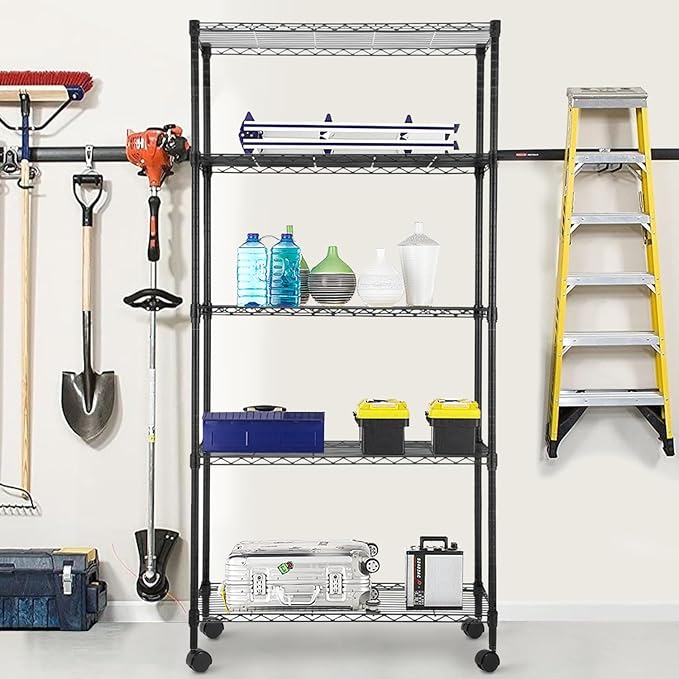 5 Tier Shelving Unit Heavy Duty Wire Shelving Unit Easy Installation Metal Shelving Unit 14"D x 30"W x 60"H Metal Storage Shelves with Wheels Wire Shelving Rack for Garage Home Kitchen, Black