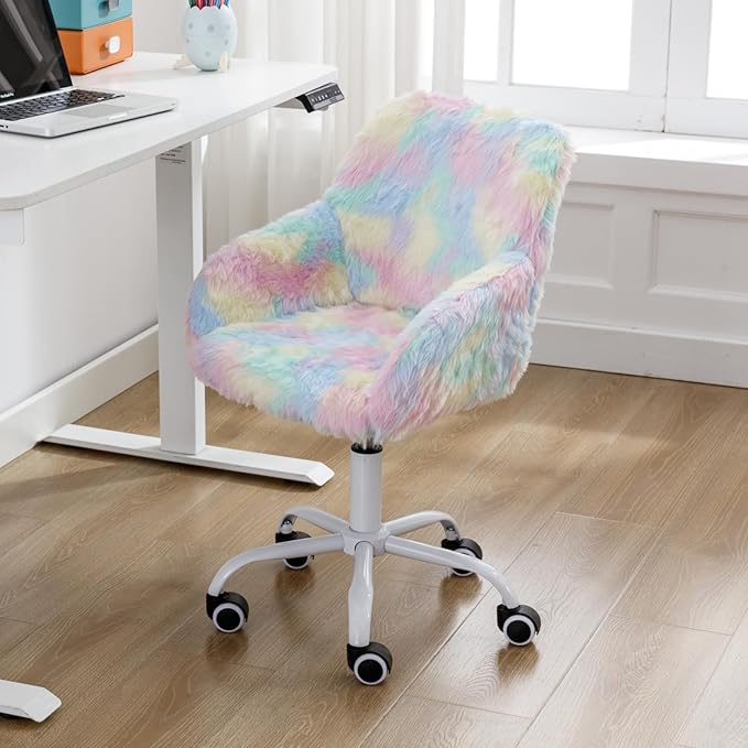 LukeAlon Kids Adjustable Desk Chair, Furry Study Chair with Swivel Base Cute Faux Fur Reading Chair Comfy Upholstered Computer Chair with Arms for Girls Children, Light Colorful