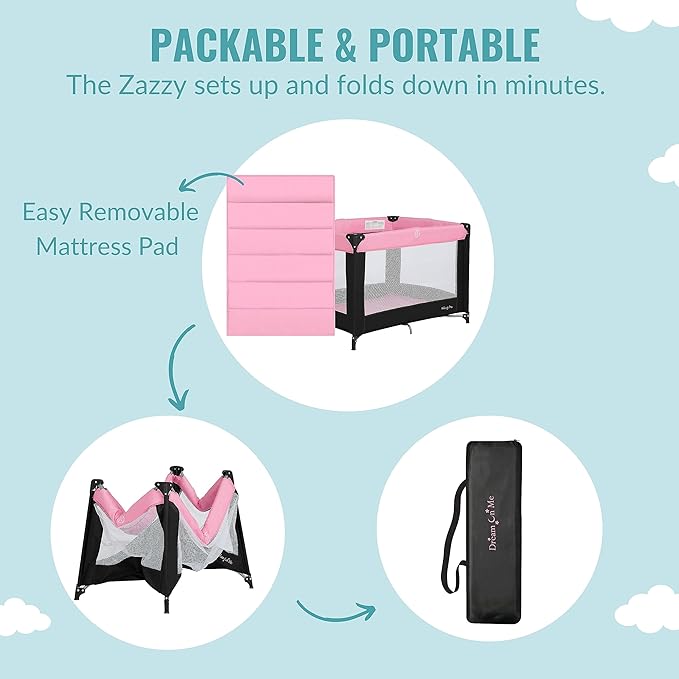 Dream On Me Zazzy Portable Playard with Bassinet in Pink, Packable and Easy Setup Baby Playard, Lightweight and Portable Playard for Baby with Mattress and Travel Bag