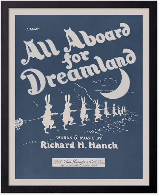 Poster Master All Aboard For Dreamland Poster - Retro Children's Lullaby Print - Story Book Art - Bunny Art - Rabbit Art - Aesthetic Art - Kid's Bedroom or Nursery Wall Decor, 16x20 Black Framed