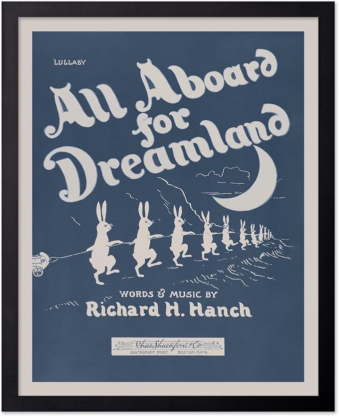 Poster Master All Aboard For Dreamland Poster - Retro Children's Lullaby Print - Story Book Art - Bunny Art - Rabbit Art - Aesthetic Art - Kid's Bedroom or Nursery Wall Decor, 11x14 Black Framed