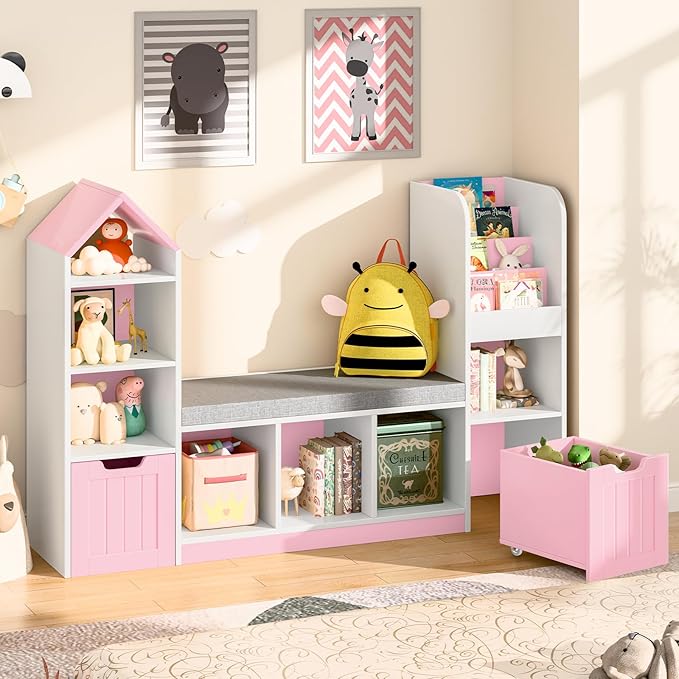 Kids Bookcase and Bookshelf with Reading Nook, Toy Storage Organizer for Kids, Pink Bookcase with 7 Storage Cubbies 2 Movable Drawers and Seat Cushion for Kids Room, Playroom, Bedroom