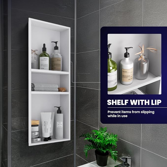 Stainless Steel Shower Niche 12" X 30"，3-Tier Recessed Wall Niche No Tile Needed Shower Shelf for Bathroom Storage (4x12x30 White)
