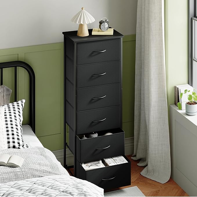 Somdot Tall Dresser for Bedroom with 6 Drawers and Side Pockets, Storage Organizer Chest of Drawers with Fabric Bins for Closet Bedside Nursery Living Room Entryway Hallway, Black
