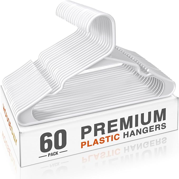 HOUSE DAY White Plastic Hangers 60 Pack - Clothes Hangers with Non-Slip Shoulder Grooves, Durable and Sturdy Coat Hanger, Space Saving Slim Design Perfect for Closet Organizers and Storage