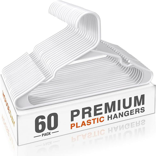 HOUSE DAY White Plastic Hangers 60 Pack - Clothes Hangers with Non-Slip Shoulder Grooves, Durable and Sturdy Coat Hanger, Space Saving Slim Design Perfect for Closet Organizers and Storage