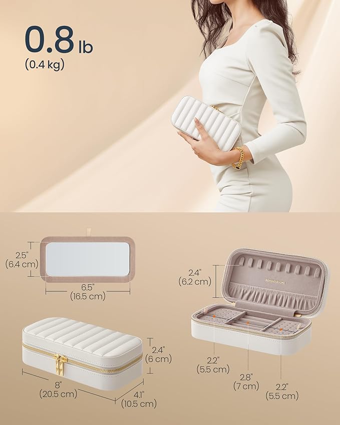 SONGMICS HOME Travel Jewelry Case, Small Jewelry Box Organizer with Mirror, 4.1 x 8 x 2.4 Inches, PU Surface with Stitching, Portable, Cloud White, ANAH Collection UJBC180W01